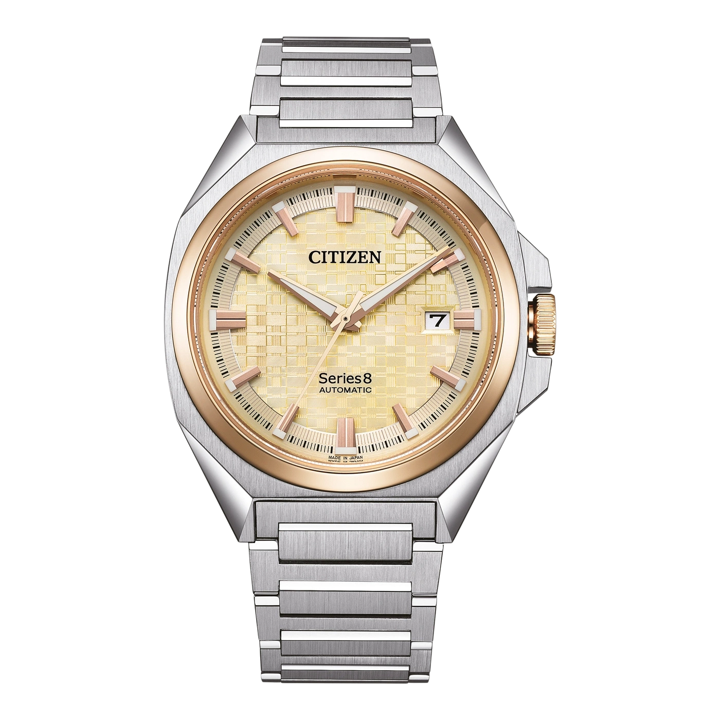 Citizen Series 8 Automatikuhr mit Gold- und Silberakzenten und Datumsanzeige.