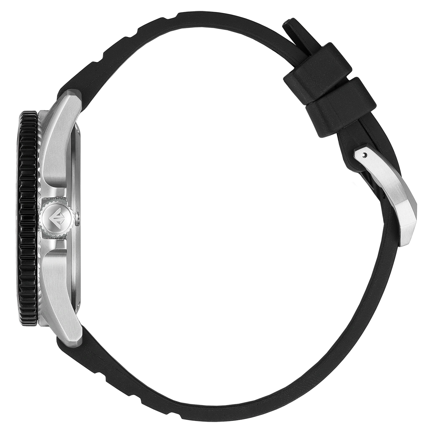 Seitenansicht einer silbernen Uhr mit schwarzem Kautschukarmband und drehbarer Lünette.