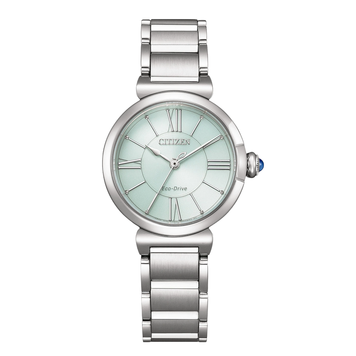 Eine silberne Citizen Eco-Drive Uhr mit hellblauem Zifferblatt und römischen Ziffern.