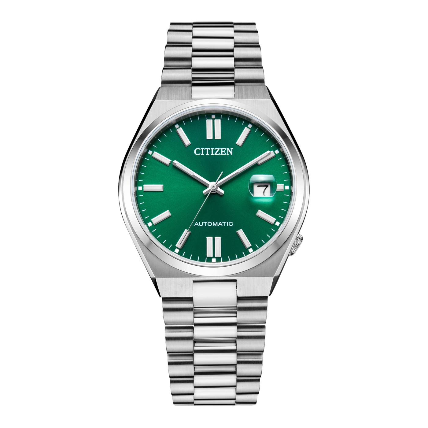 Citizen-Uhr mit grünem Zifferblatt und silbernem Armband, Automatikwerk.