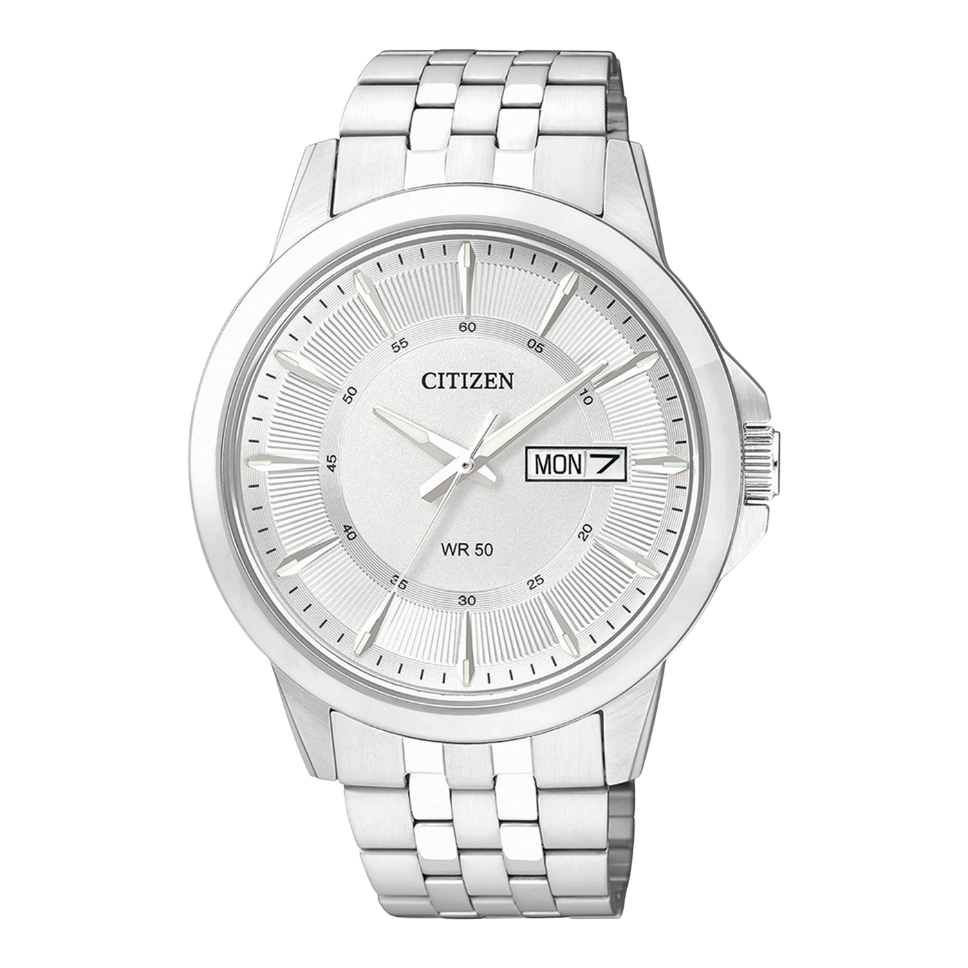 Silberne Citizen-Uhr mit weißem Zifferblatt und Datumsanzeige.
