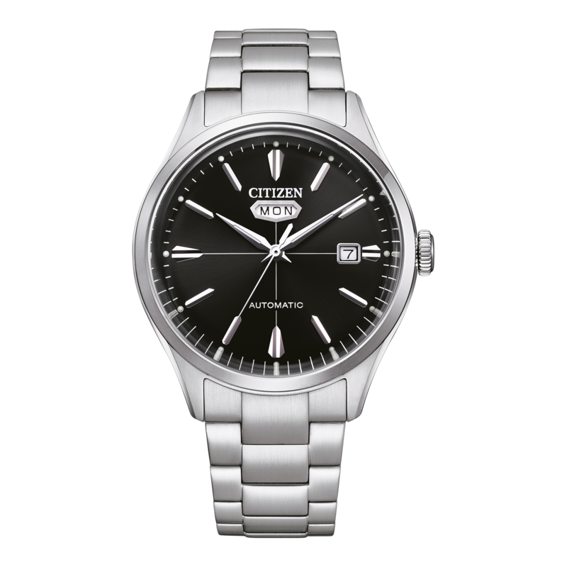 Citizen-Uhr mit schwarzem Zifferblatt und silbernem Armband, Automatikwerk.