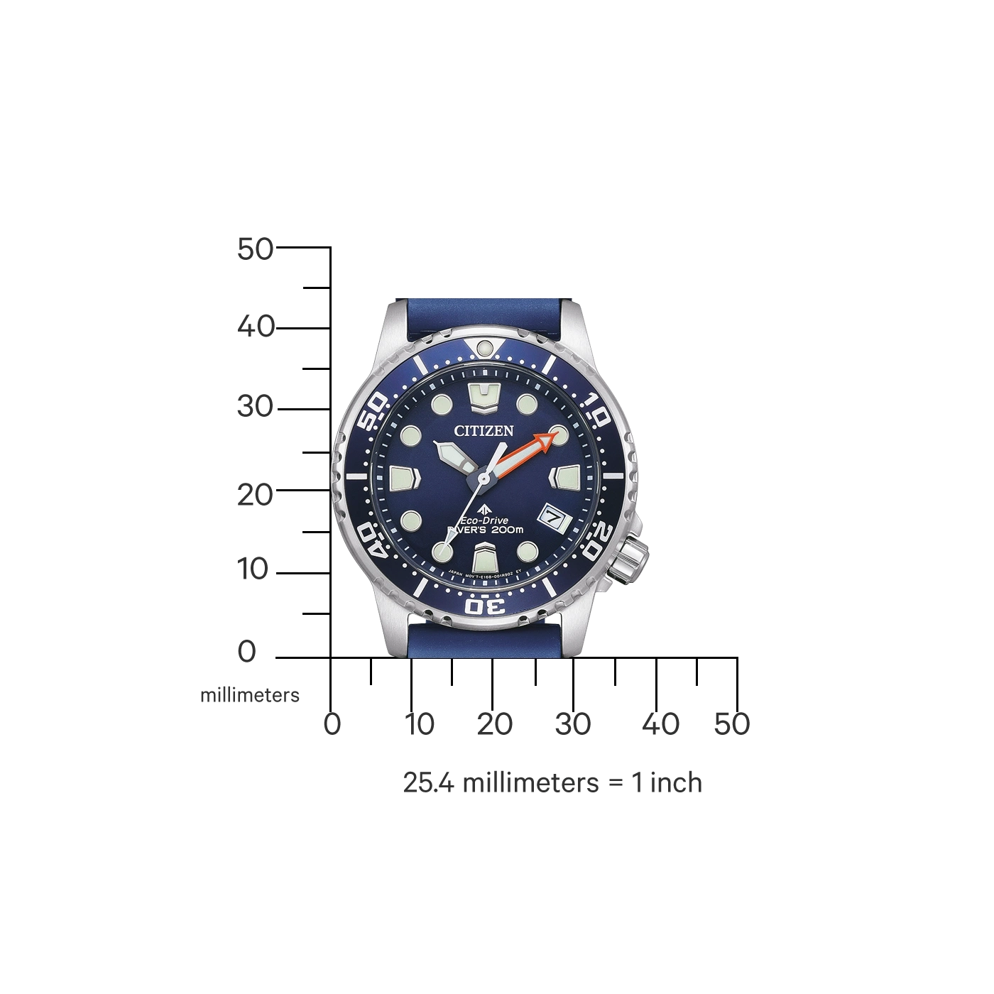 Citizen-Uhr mit blauem Zifferblatt und Armband, Messskala in Millimetern.
