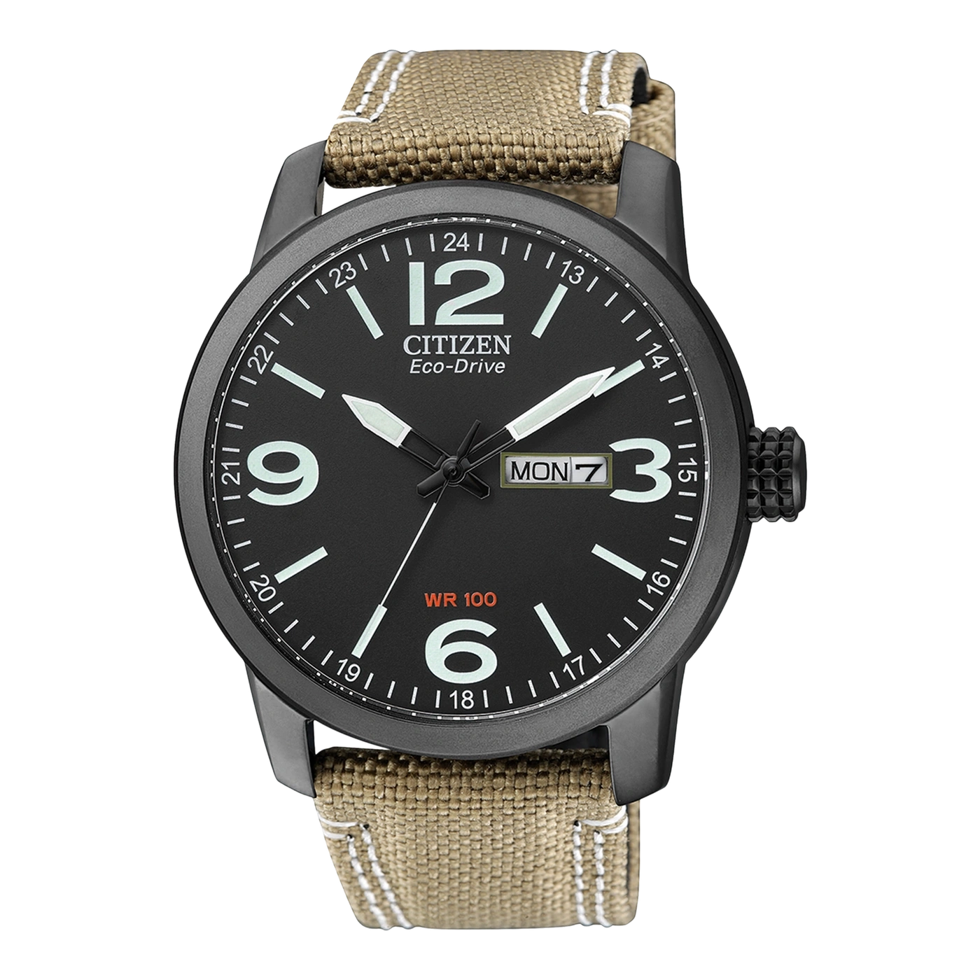 Citizen Eco-Drive Uhr mit schwarzem Zifferblatt, Zahlen und Canvas-Armband. Tages- und Datumsanzeige.