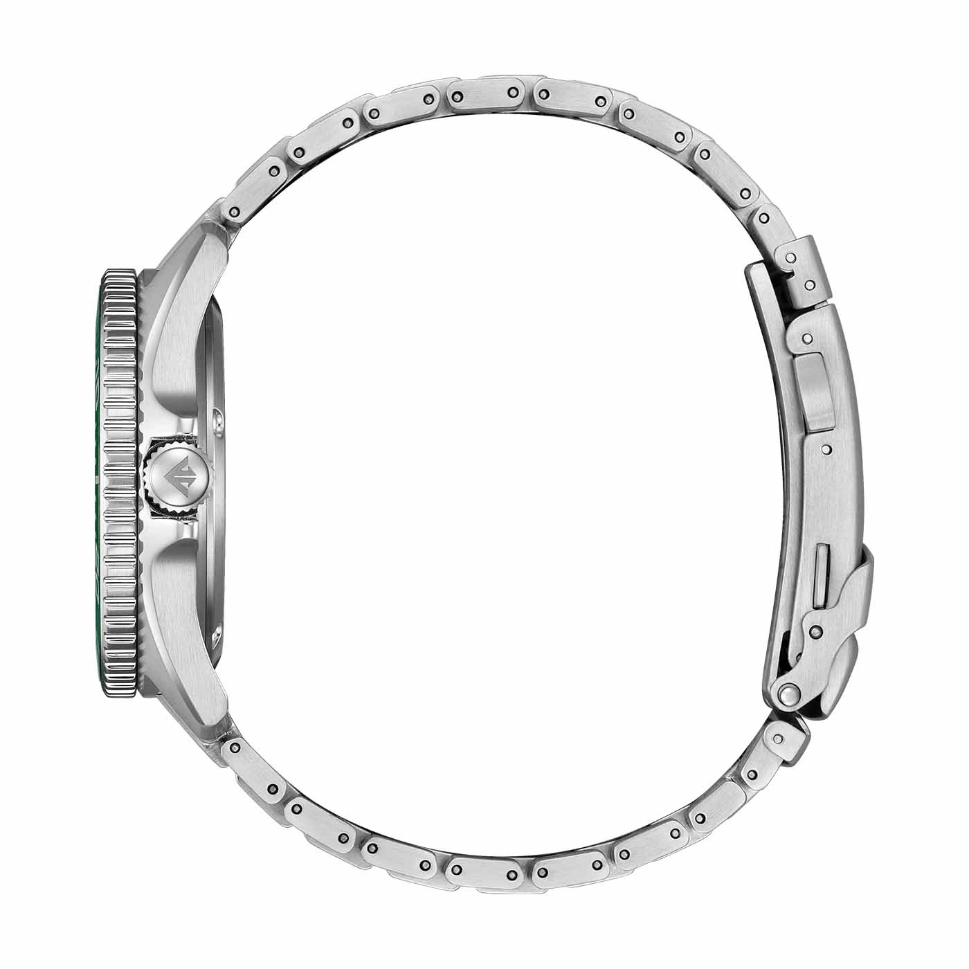 Seitenansicht einer silbernen Uhr mit grüner Lünette und Metallarmband.