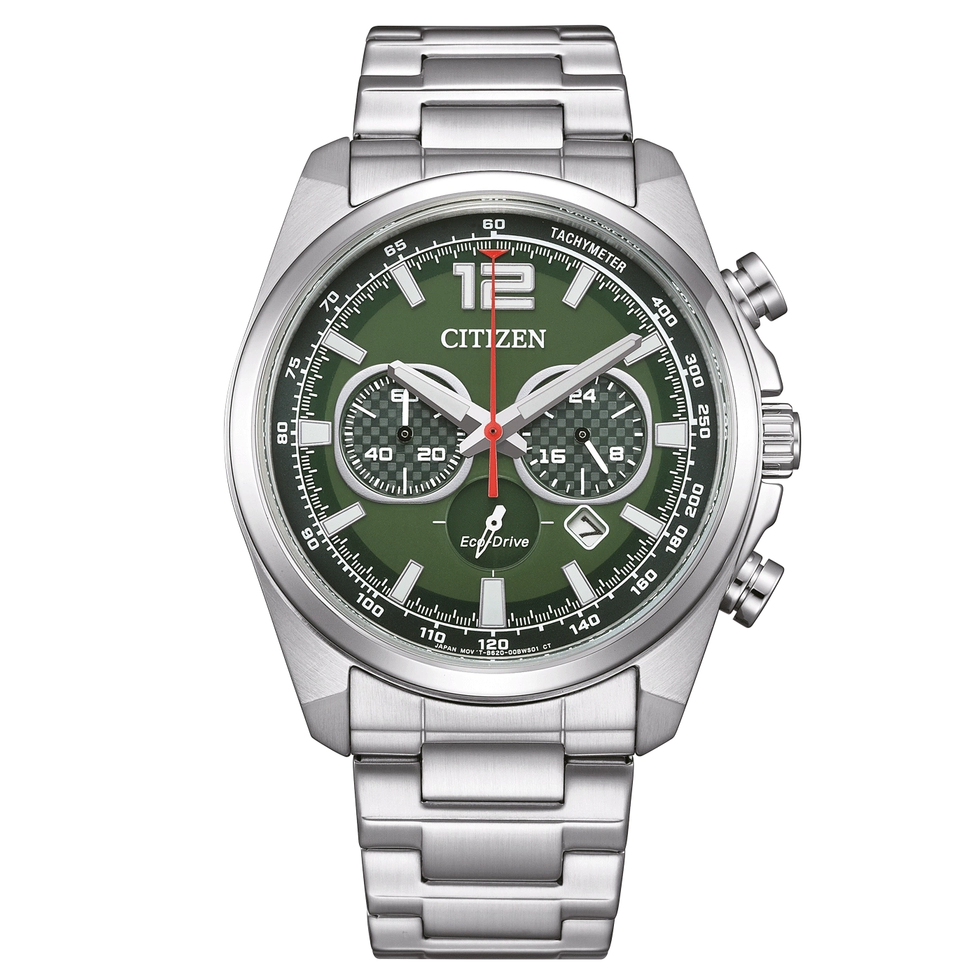 Citizen-Uhr mit grünem Zifferblatt, silbernem Armband und Chronographenfunktionen.