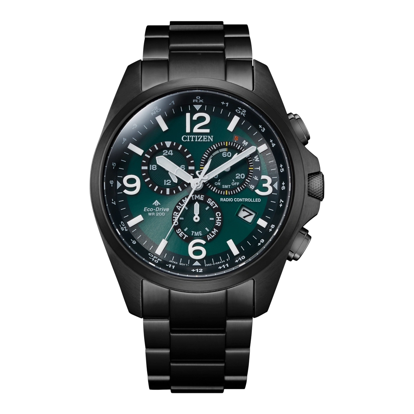 Schwarze Citizen-Uhr mit grünem Zifferblatt, Chronograph und funkgesteuerter Zeitmessung.