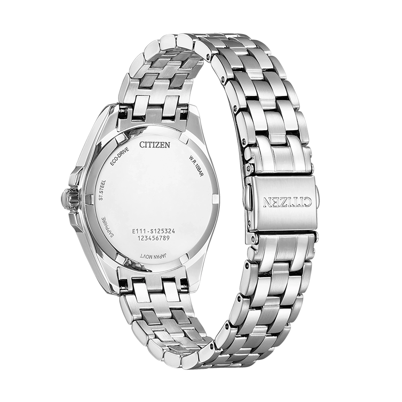 Citizen-Uhrenrückseite, Edelstahl, Saphir, Eco-Drive, japanisches Uhrwerk, W.R. 10 bar
