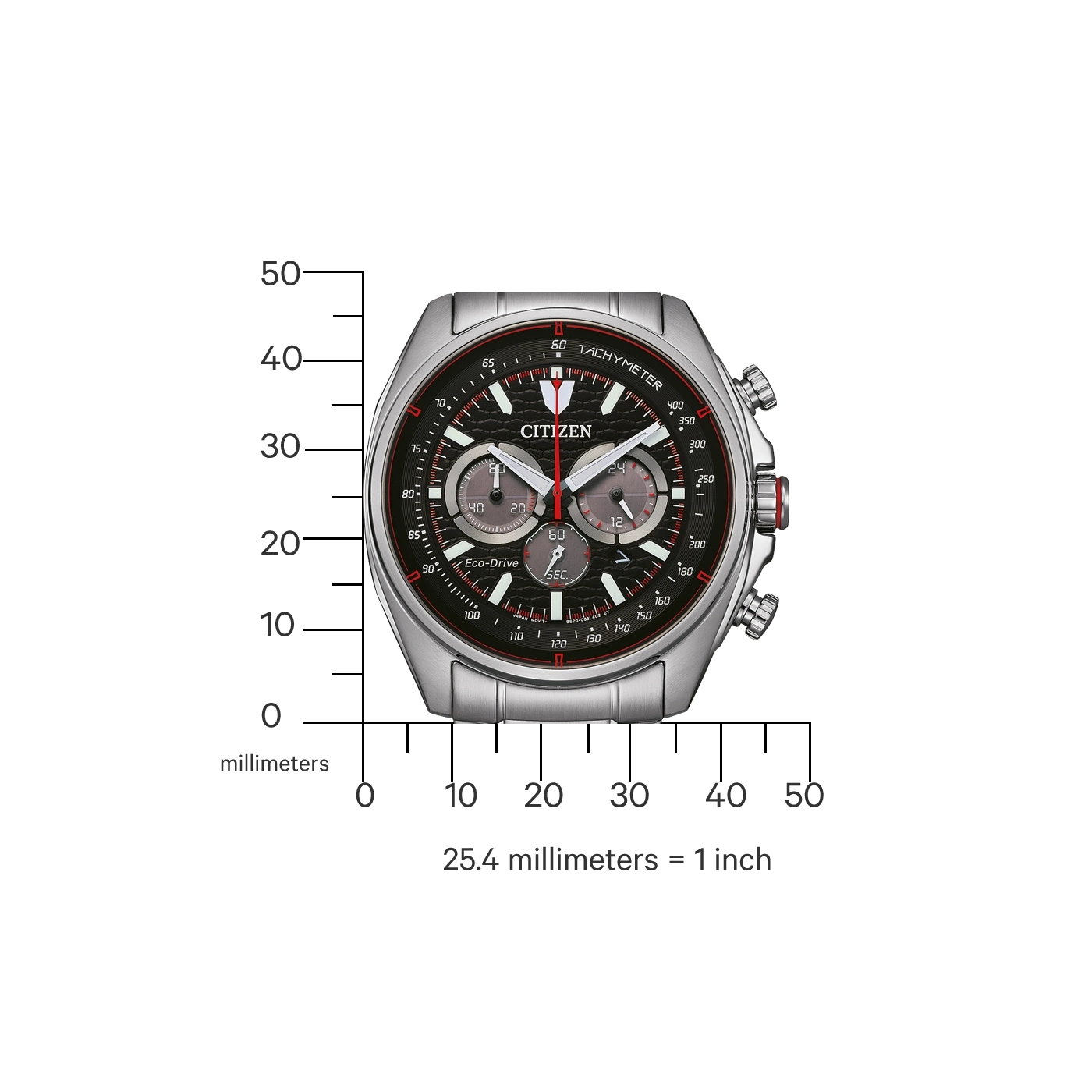 Citizen-Uhr mit schwarzem Zifferblatt, Chronograph und Tachymeterskala, die die Zeit anzeigt.