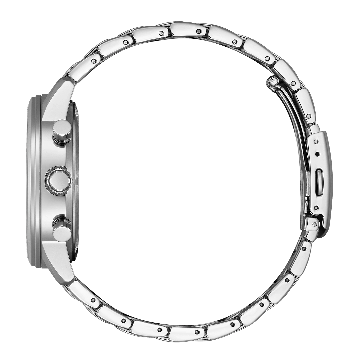 Seitenansicht einer silbernen Uhr mit Metallarmband.