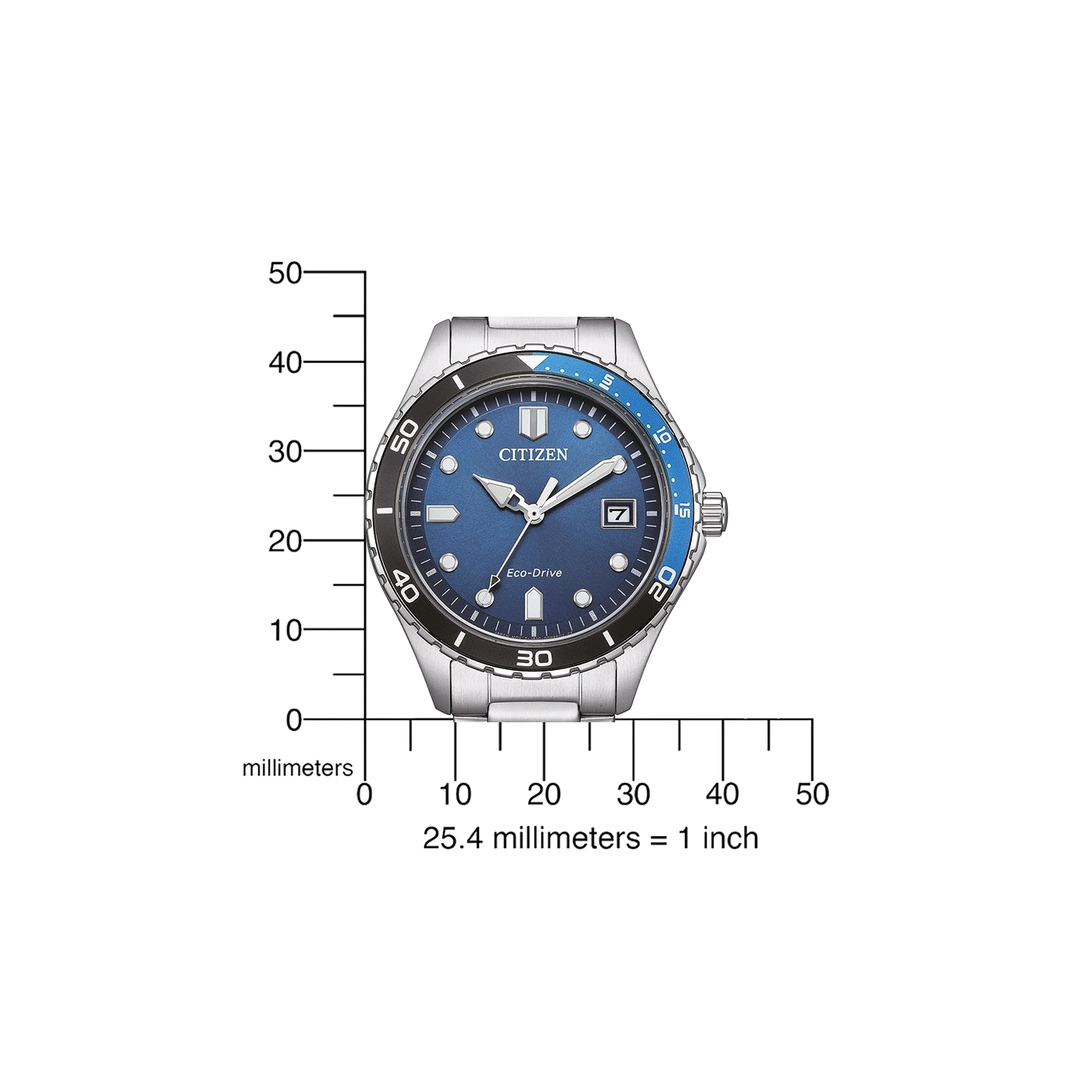 Citizen-Uhr mit blauem Zifferblatt, schwarz-blauer Lünette und silbernem Armband. Eco-Drive.