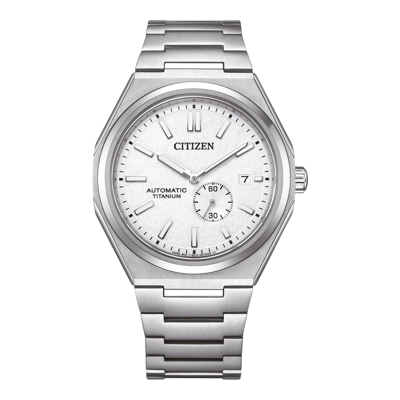 Citizen-Uhr mit weißem Zifferblatt, Automatik-Titan und Datumsanzeige.