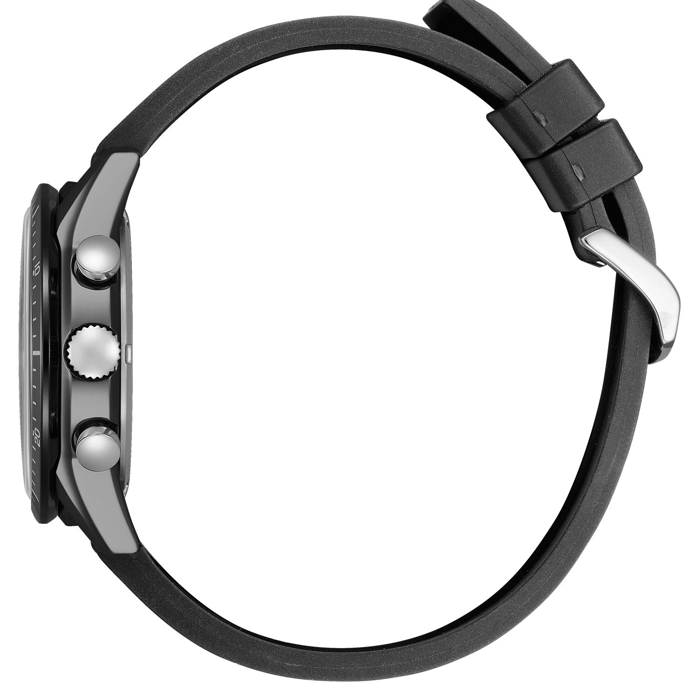 Seitenansicht einer schwarzen Uhr mit schwarzem Armband und silbernen Details.