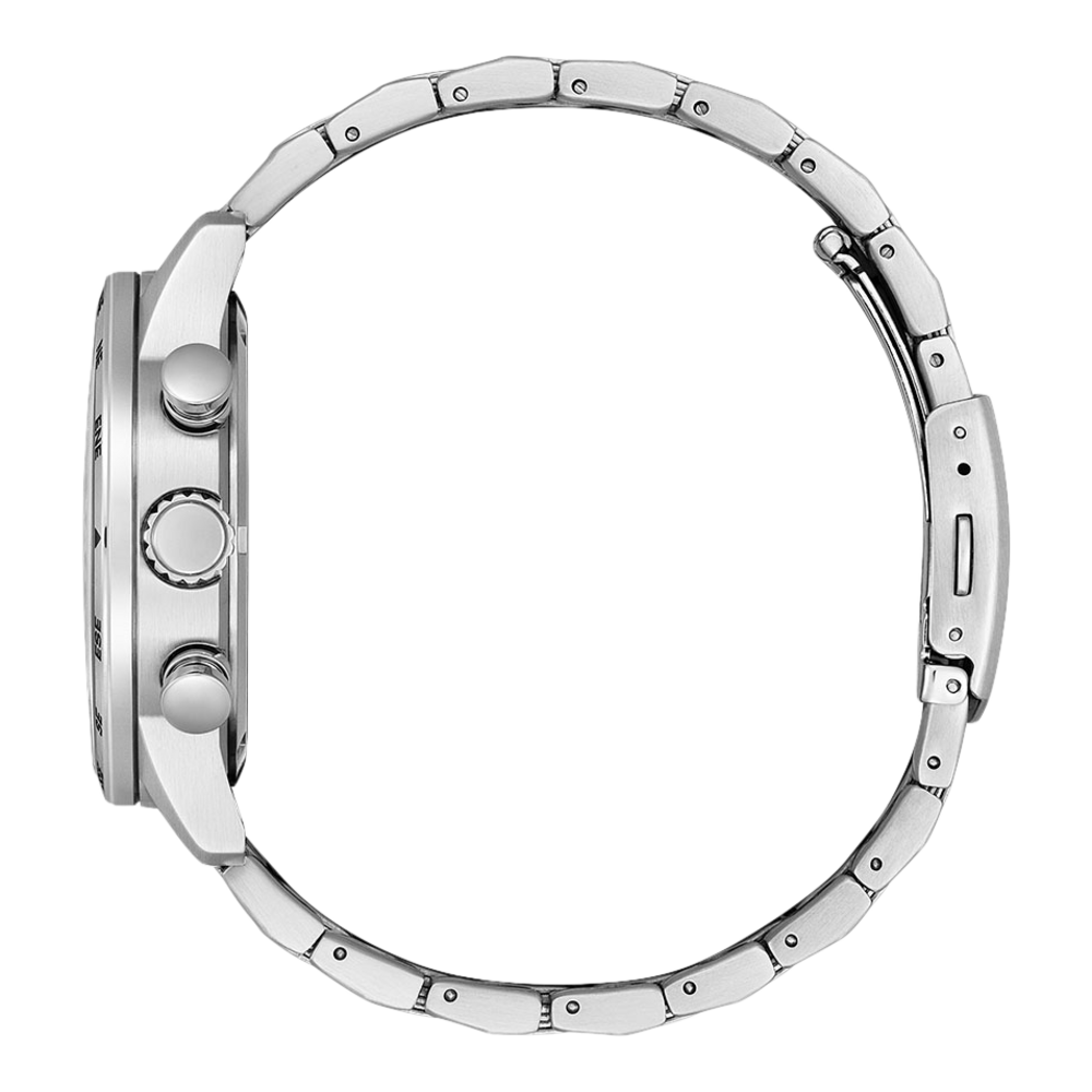 Seitenansicht einer silbernen Uhr mit Metallarmband und Knöpfen.