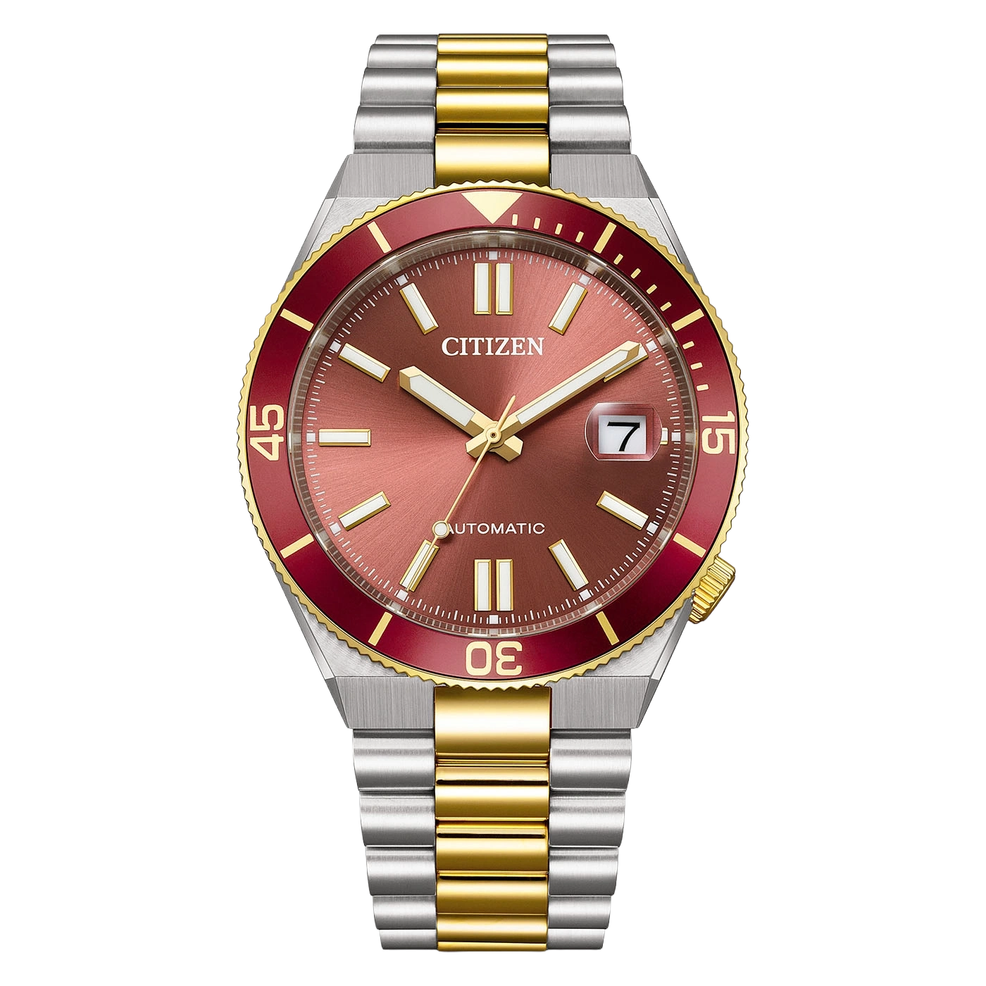 Nahaufnahme einer Citizen Automatik-Uhr mit rotem Zifferblatt und goldenen Akzenten.