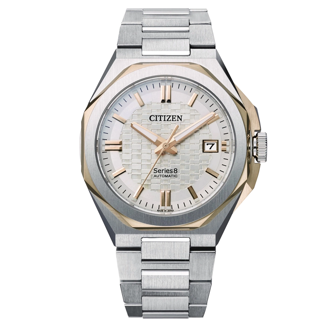 Eine Citizen Series 8 Automatik-Uhr mit silbernem und goldenem Gehäuse und Armband.
