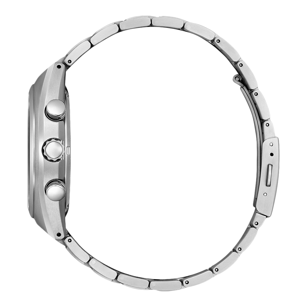 Seitenansicht einer silbernen Armbanduhr mit Metallband und drei Knöpfen.