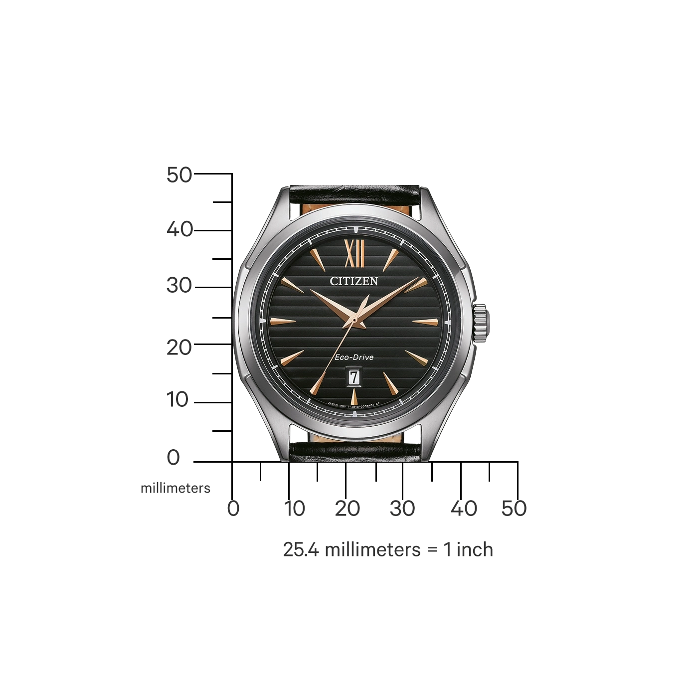 Citizen-Uhr mit schwarzem Zifferblatt, goldenen Zeigern und Datumsanzeige.