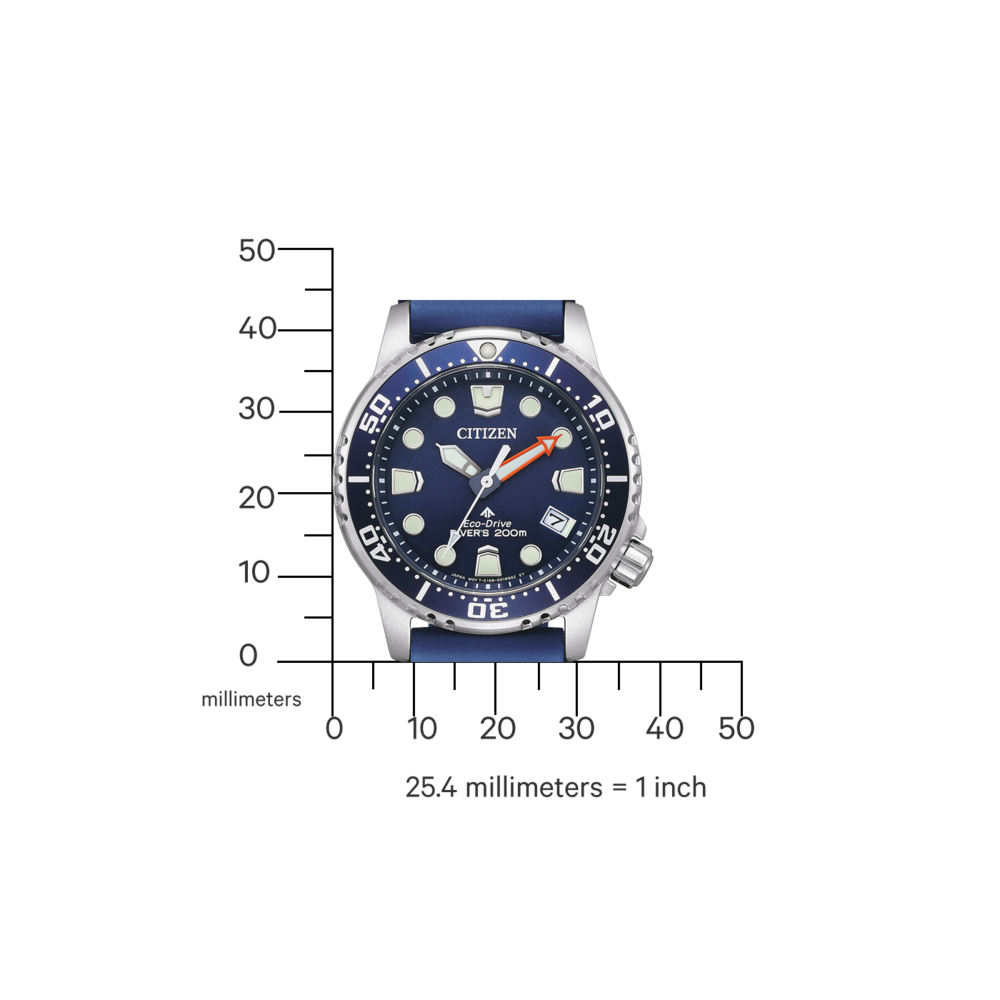 Citizen-Uhr mit blauem Zifferblatt und Armband, Messskala in Millimetern.