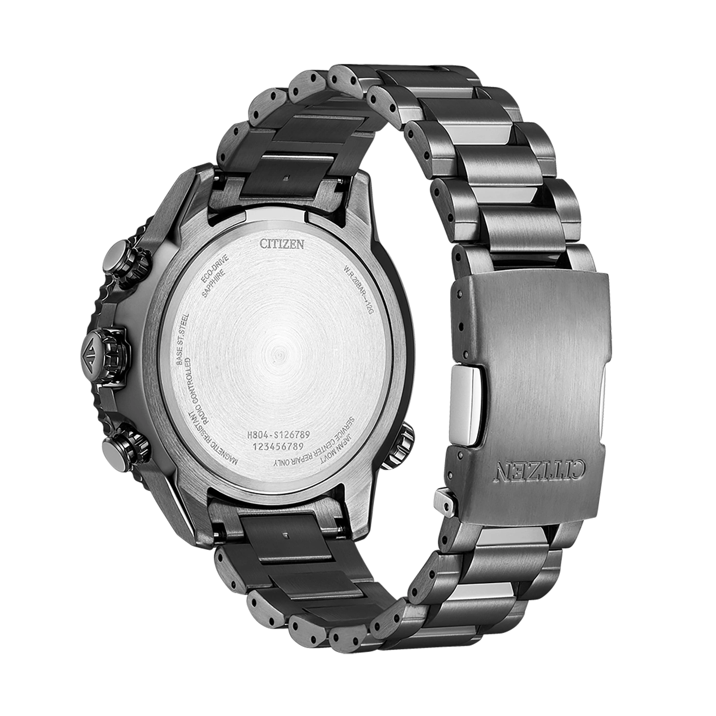 Citizen-Uhrrückseite mit Details: Eco-Drive, Saphir und Seriennummern.