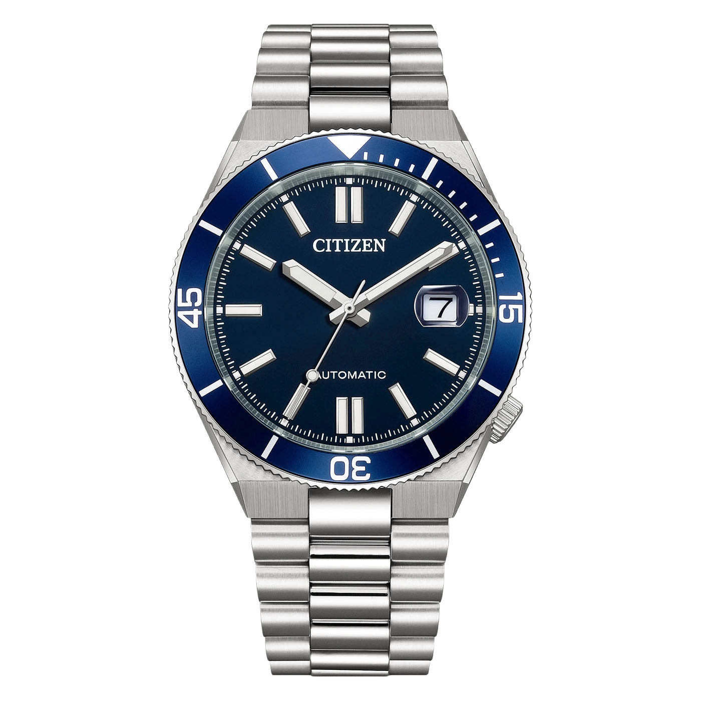 Eine blaue Citizen Automatik-Uhr mit Edelstahlarmband.