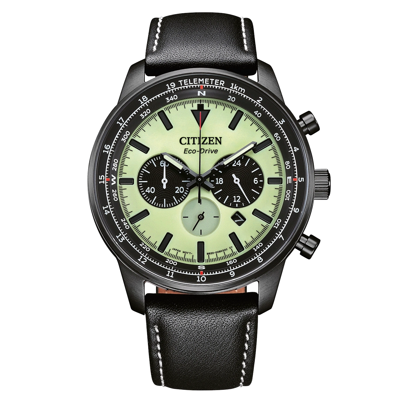 Citizen Eco-Drive Uhr mit schwarzem Lederarmband und Chronographen-Zifferblättern