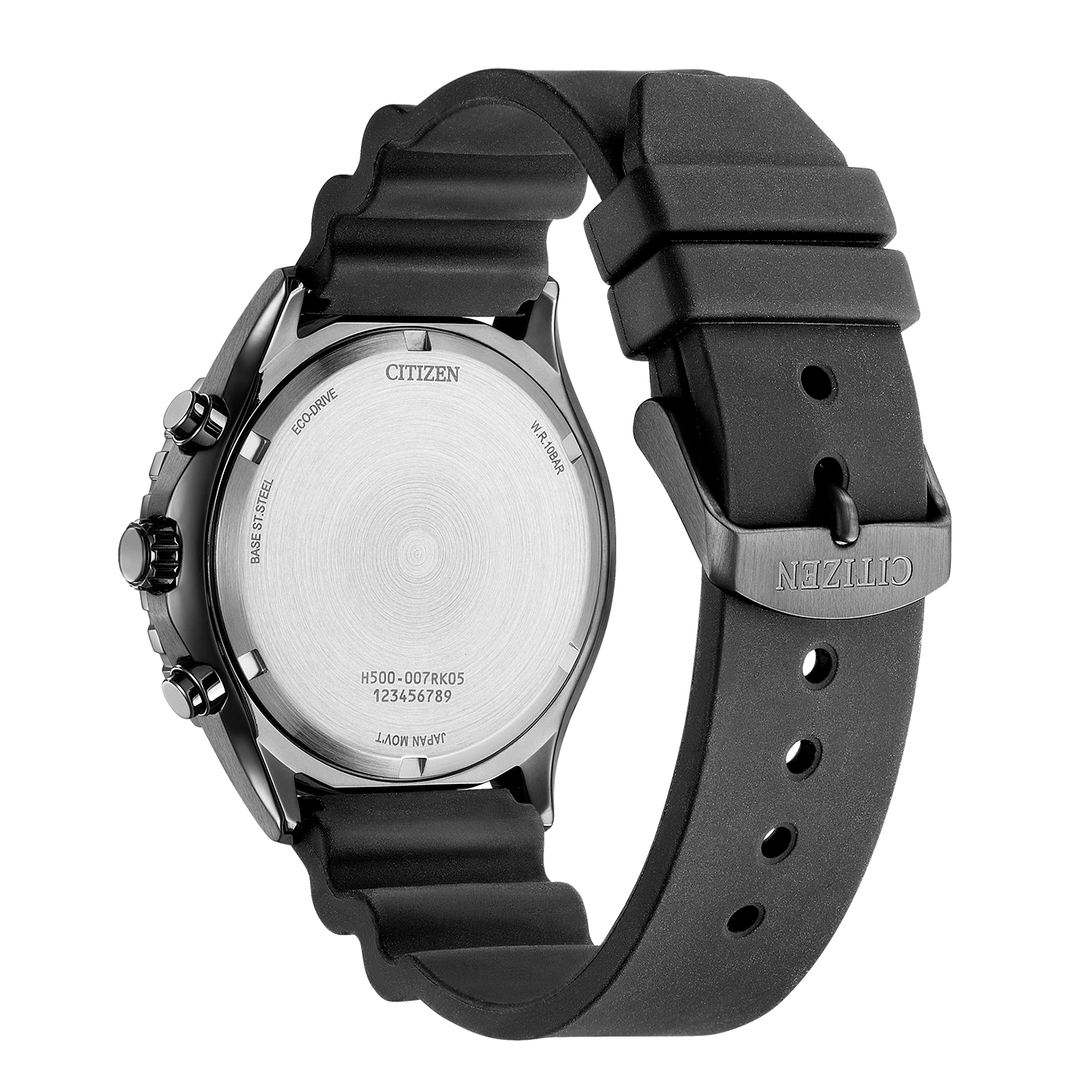 Citizen-Uhr mit schwarzem Armband, Rückansicht, Details und Markierungen.