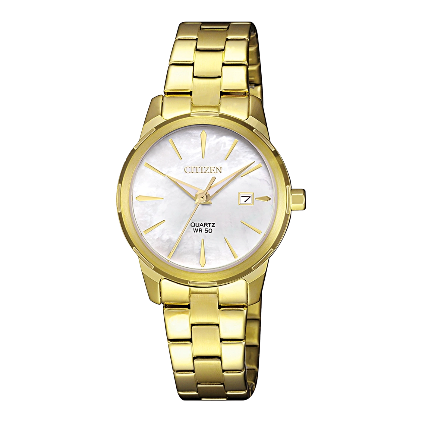 Goldene Citizen-Uhr mit weißem Zifferblatt und Datumsanzeige, Quarzwerk