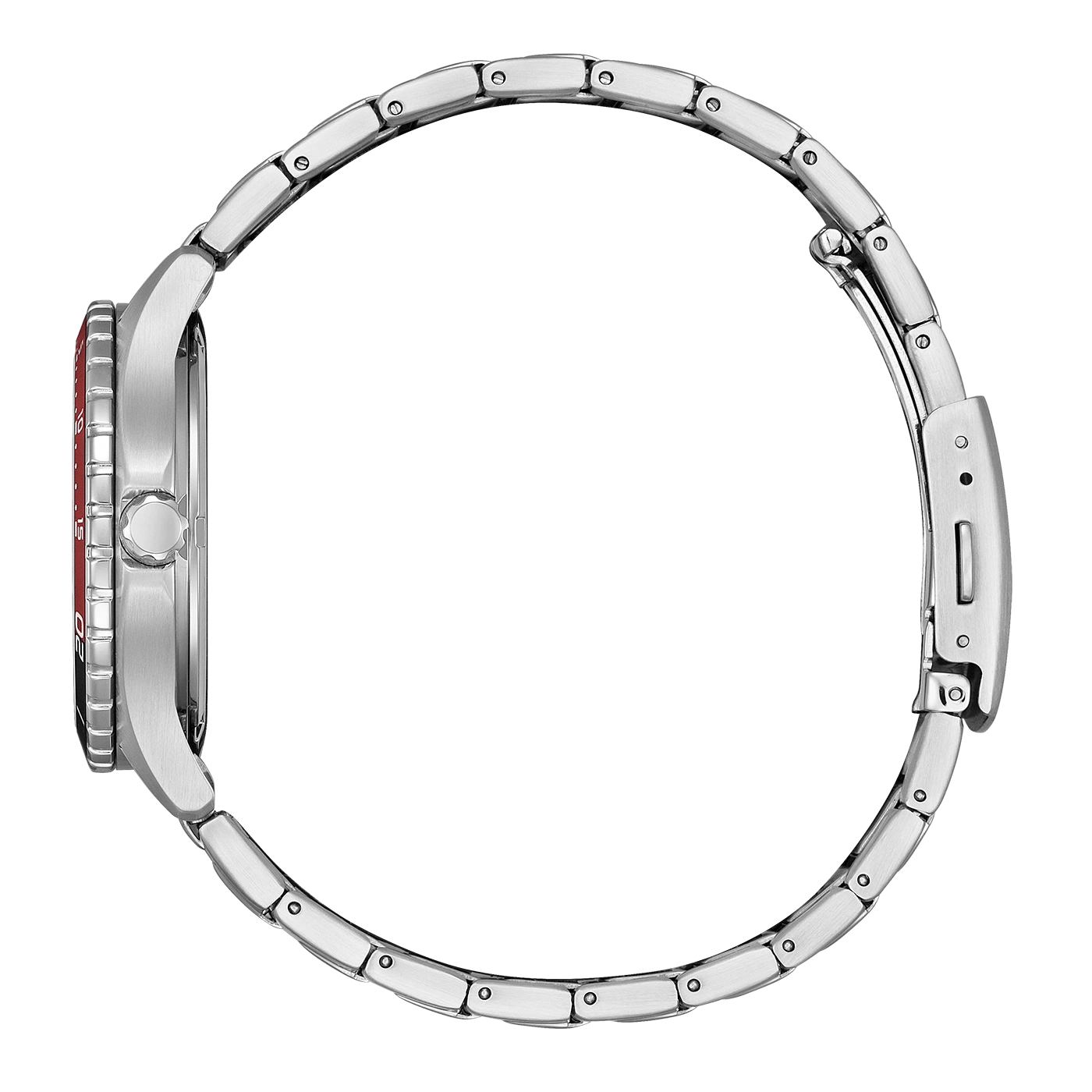 Silberne Uhr mit roter Lünette und Metallarmband, Seitenansicht, isoliert auf Weiß