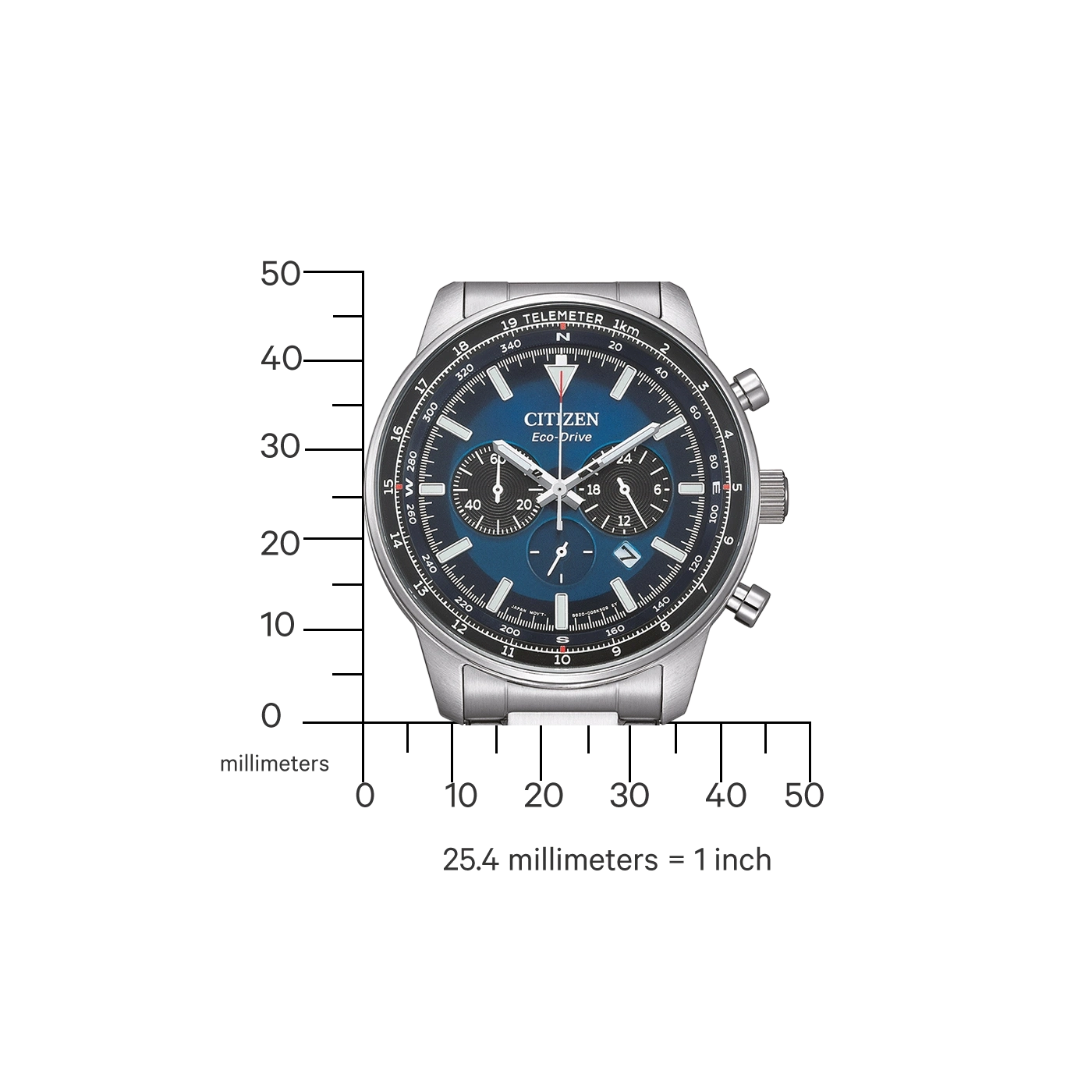 Citizen Eco-Drive Uhr mit Messungen in Millimetern und Zoll, blaues Zifferblatt.