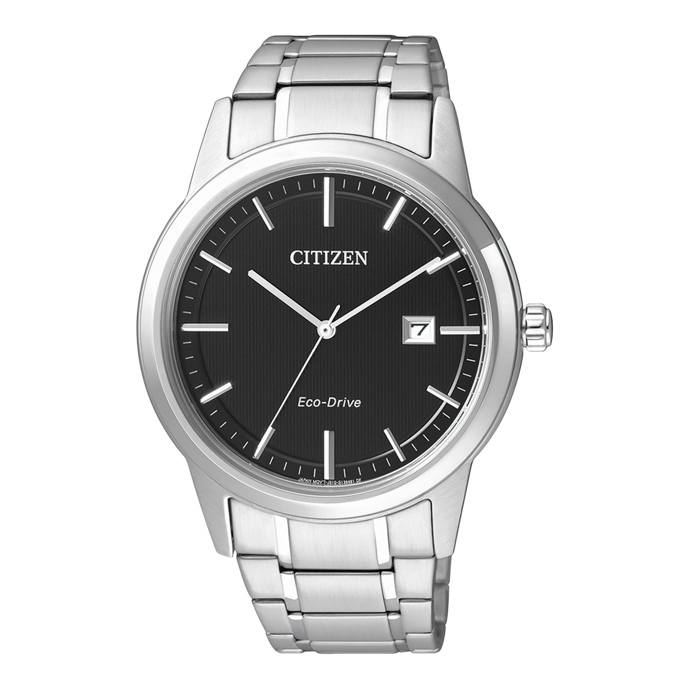 Citizen-Uhr mit schwarzem Zifferblatt und silbernem Armband, Eco-Drive-Technologie.