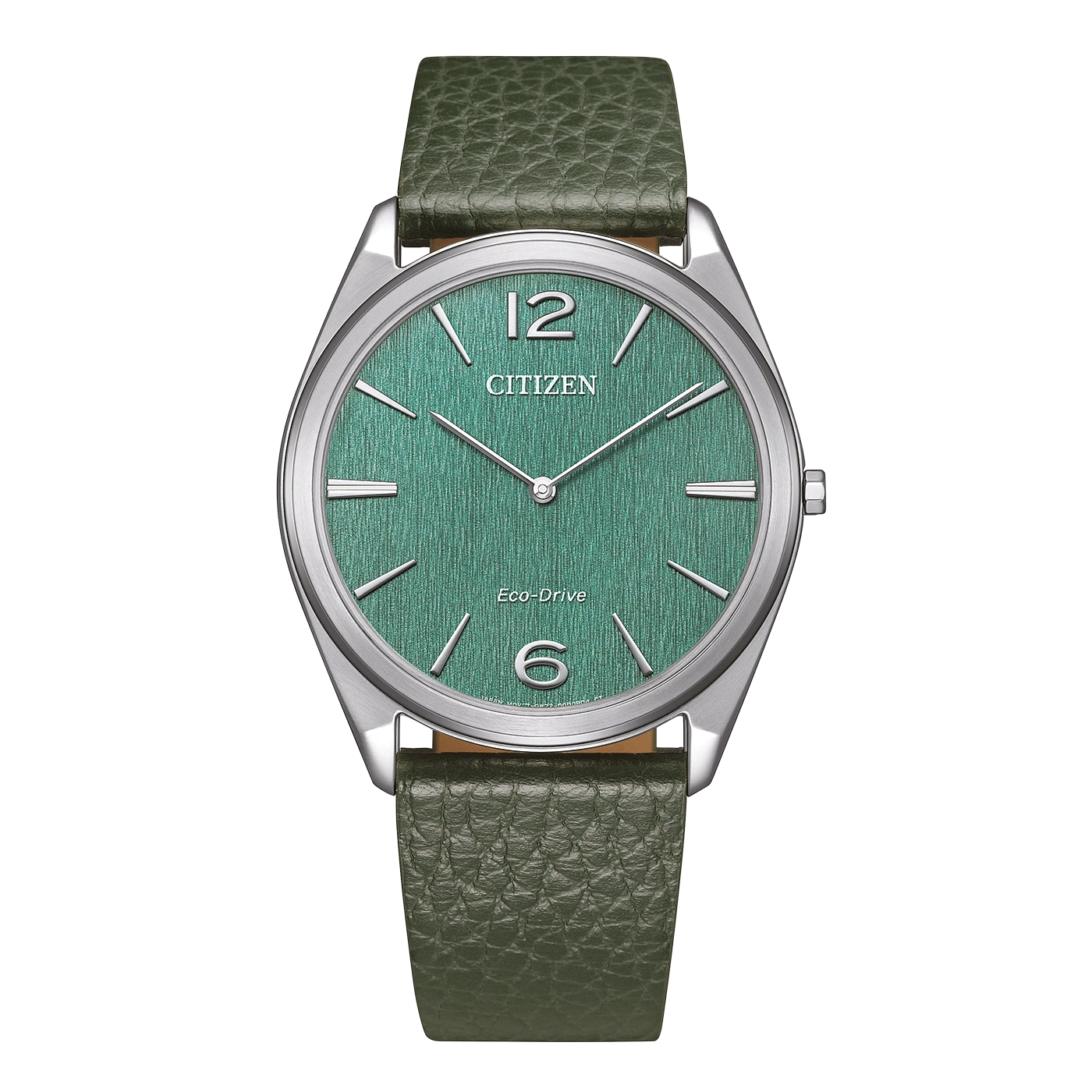 Citizen-Uhr mit grünem Zifferblatt und Lederarmband auf grünem Hintergrund