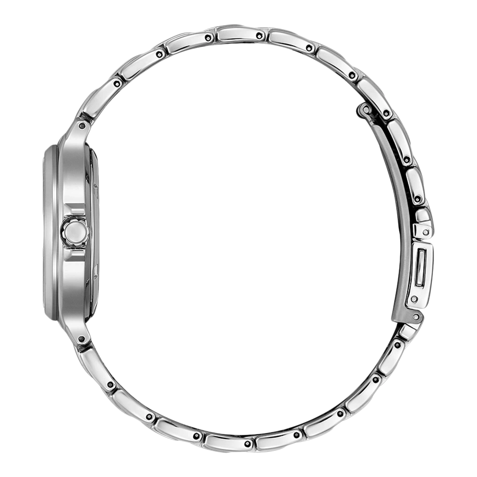 Silberne Uhr mit rundem Armband, Seitenansicht, elegantes Design, glänzendes Metall