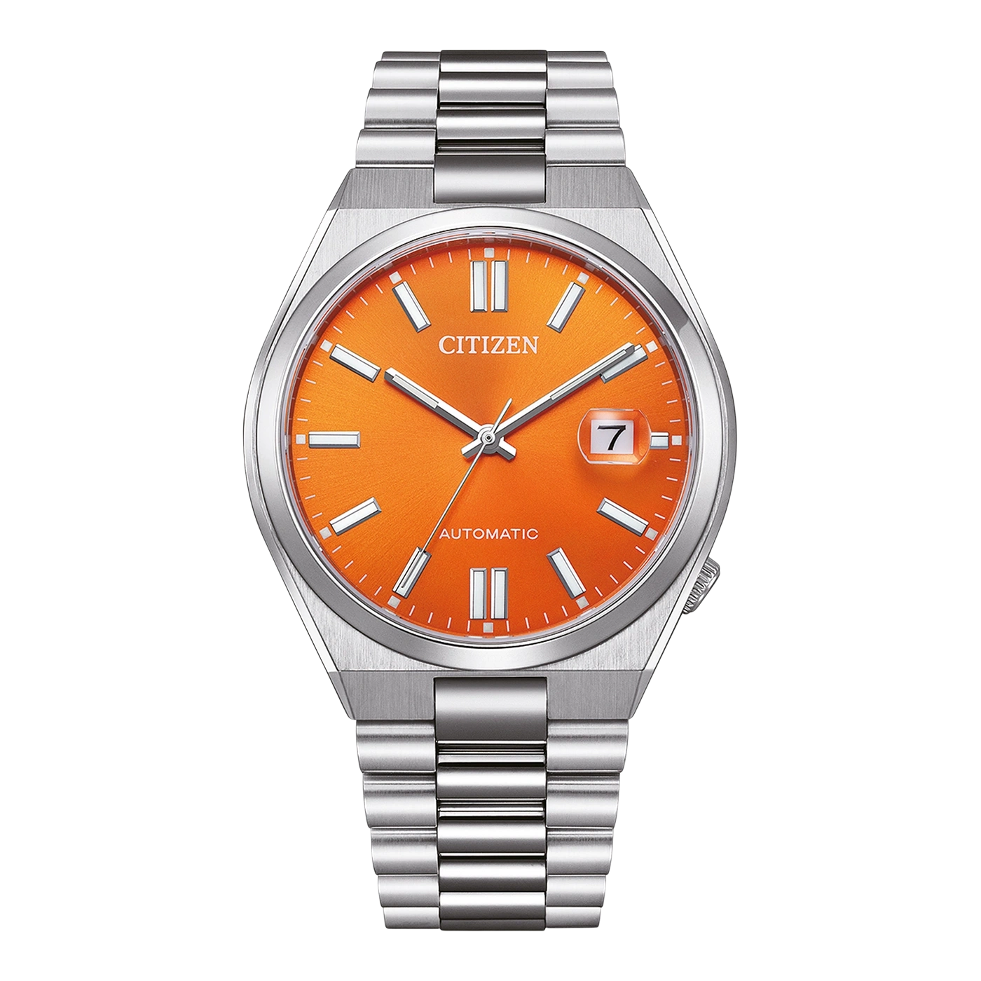 Citizen-Uhr mit orangefarbenem Zifferblatt und silbernem Armband, Automatik.