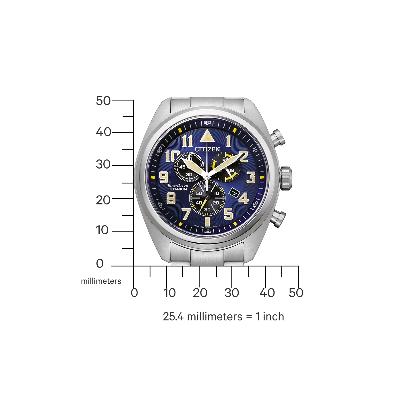 Citizen-Uhr mit blauem Zifferblatt, Titan, Chronograph und Eco-Drive-Technologie.