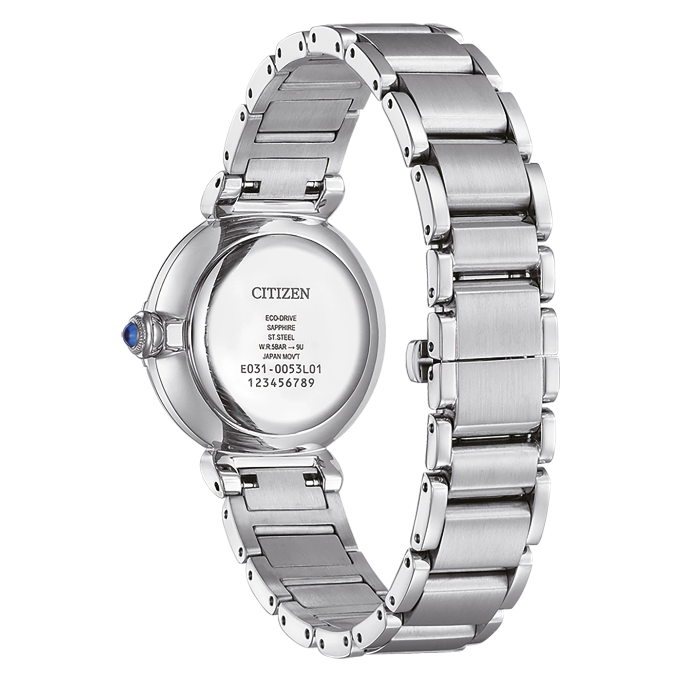 Citizen-Uhr, Edelstahl, Eco-Drive, Saphir, elegantes Design, Nahaufnahme
