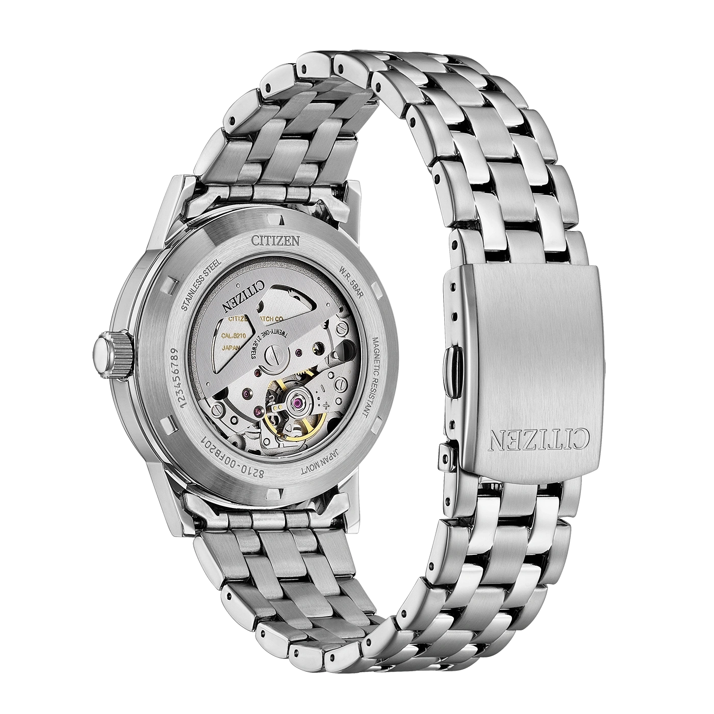 Rückseite einer Citizen Automatik-Uhr aus Edelstahl mit sichtbarem Uhrwerk.