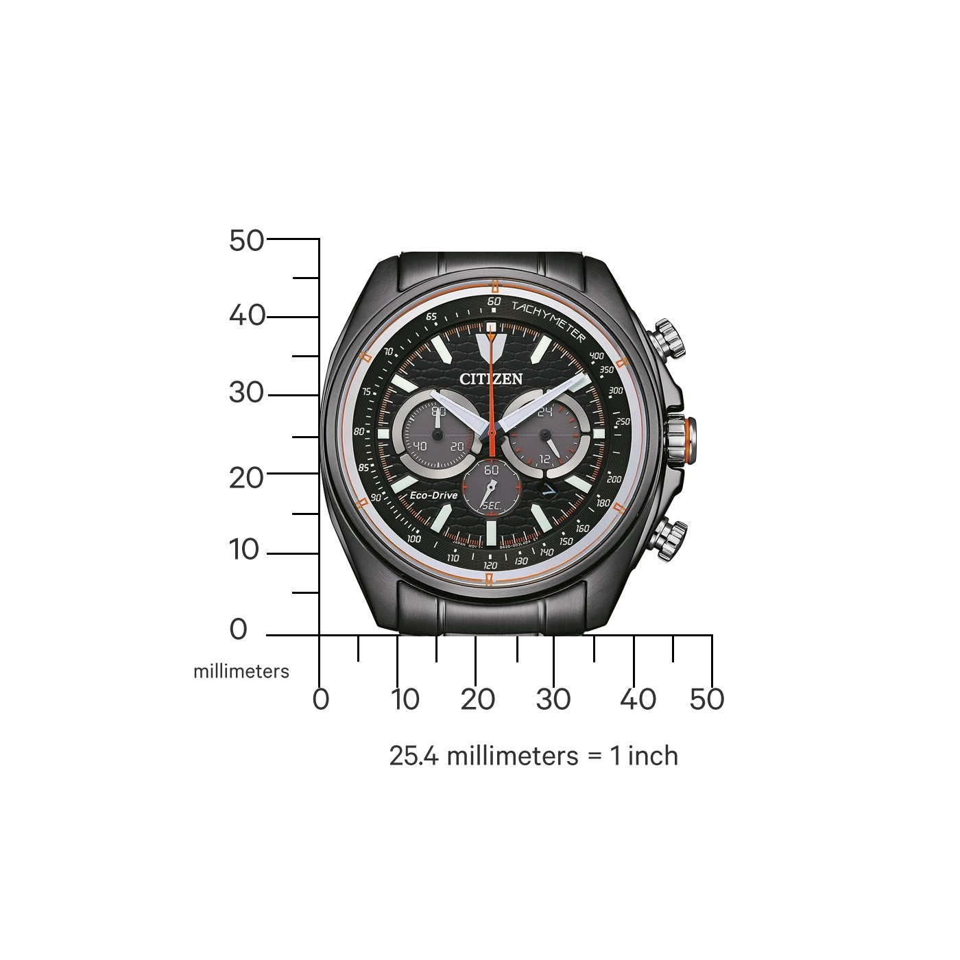 Citizen-Uhr mit Tachymeter, Eco-Drive und Chronographen-Funktionen, schwarz und orange Akzente.