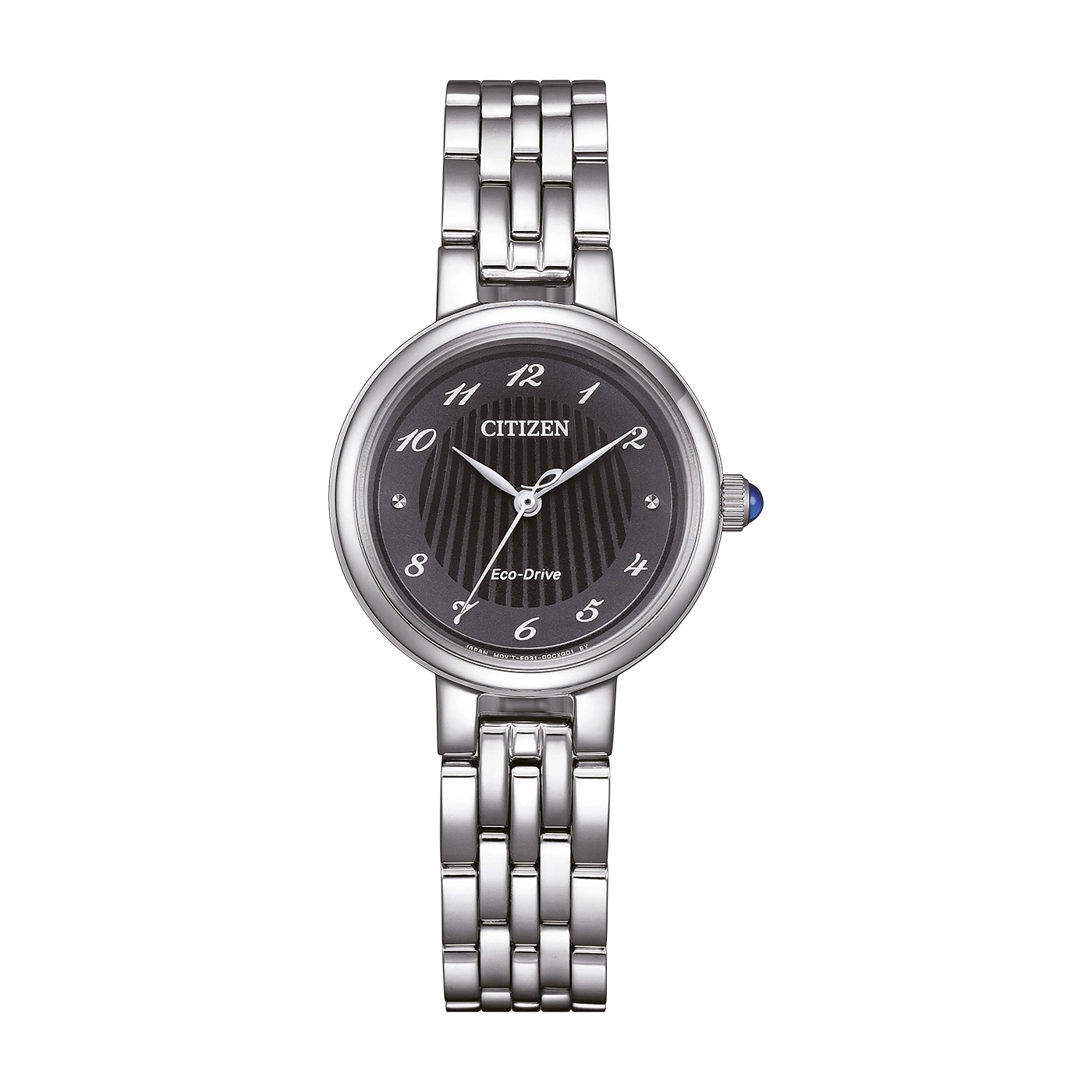 Citizen-Uhr mit schwarzem Zifferblatt, silbernem Armband und Eco-Drive-Technologie.