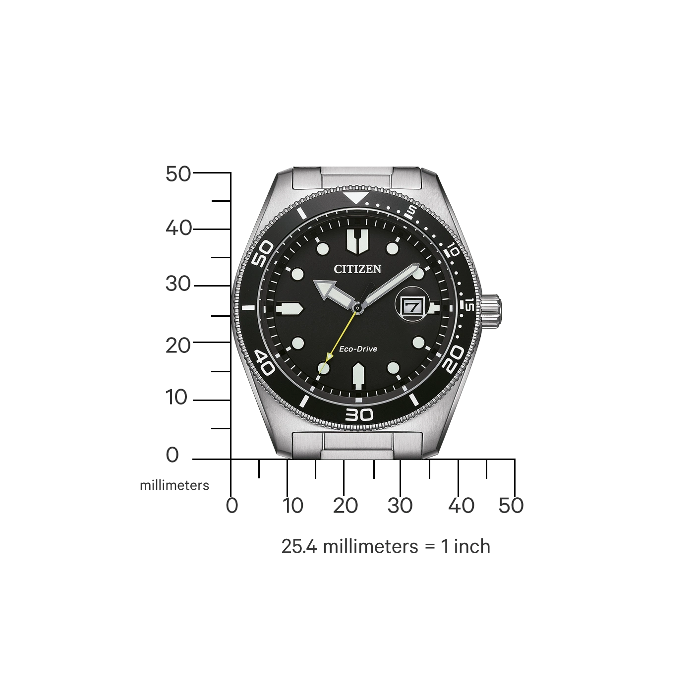 Citizen-Uhr mit schwarzem Zifferblatt, Eco-Drive und einer Millimeterskala.