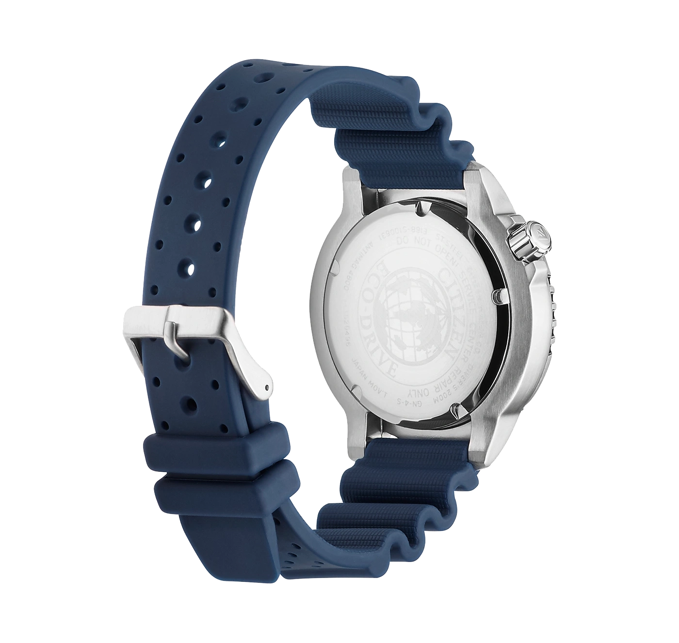 Citizen-Uhr mit blauem Armband, Rückansicht, Edelstahlgehäuse, Taucheruhr