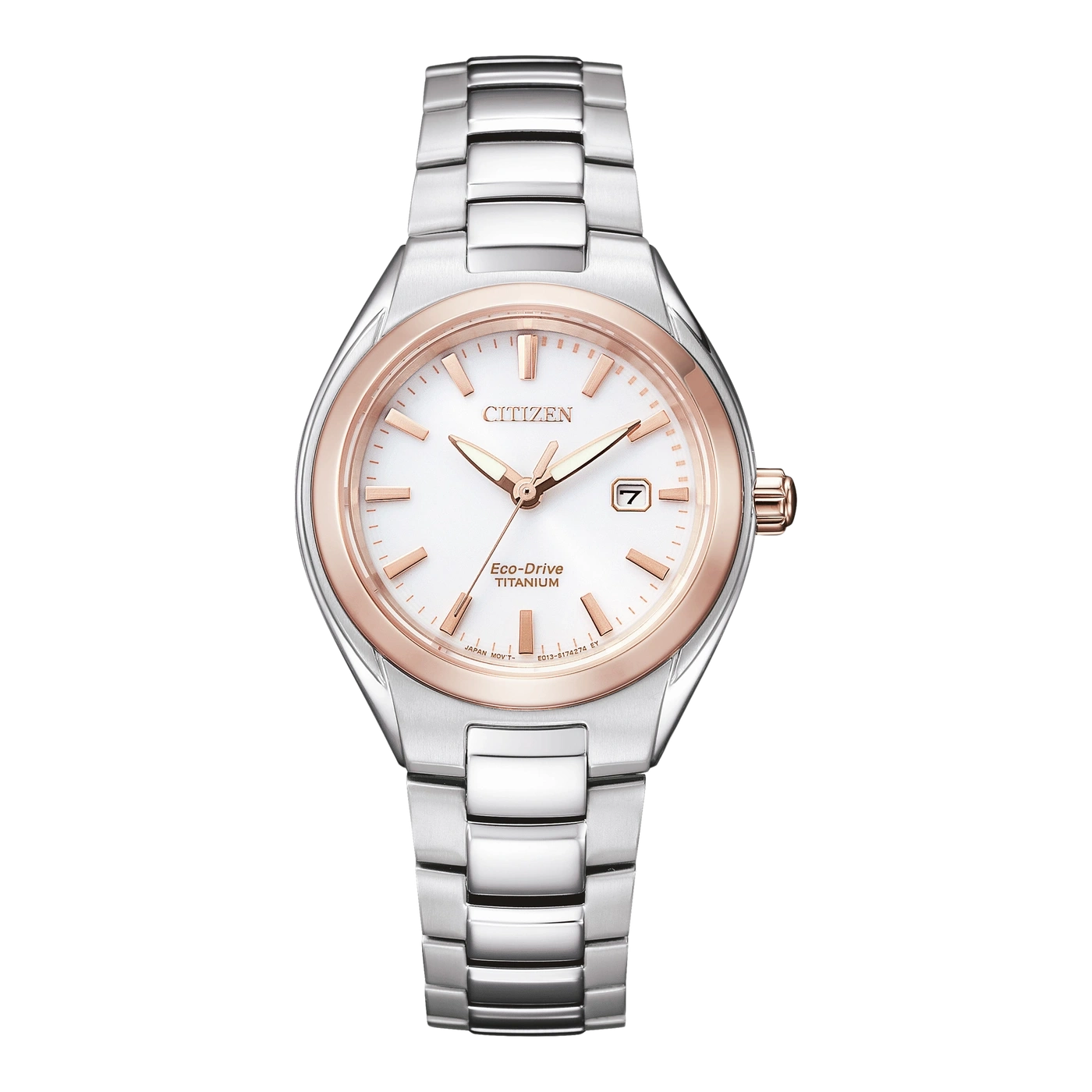 Citizen Eco-Drive Titanuhr mit weißem Zifferblatt und roségoldfarbenen Akzenten.