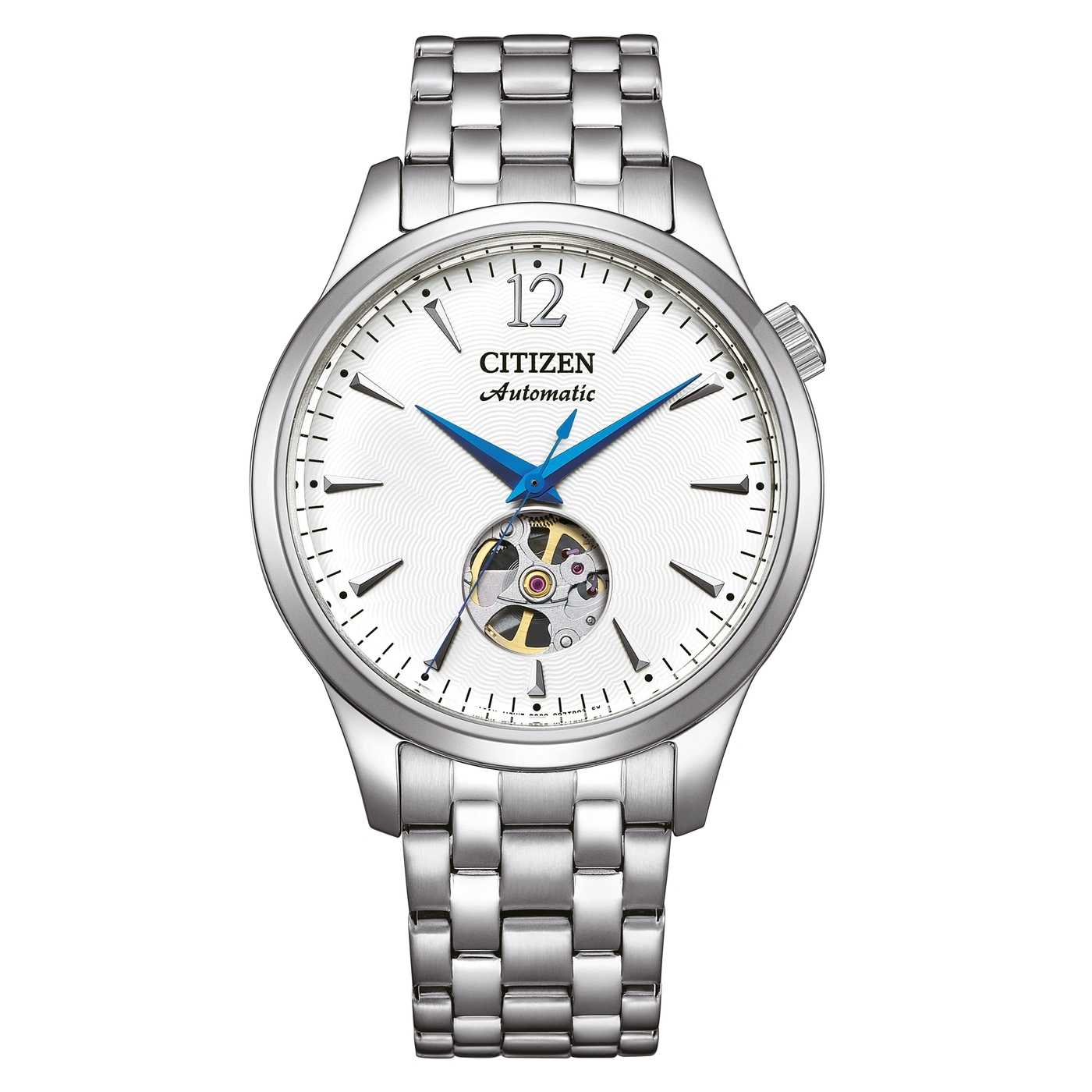 Citizen Automatikuhr mit silbernem Armband und blauen Zeigern auf weißem Zifferblatt.