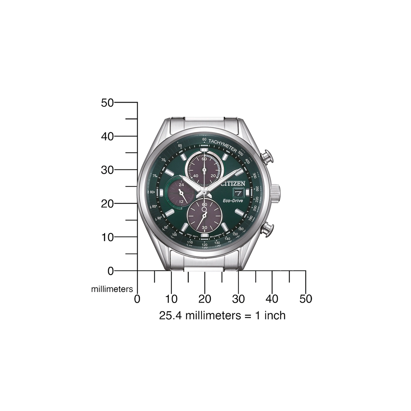 Citizen-Uhr mit Tachymeter, Eco-Drive und Millimeterskala zum Größenvergleich.