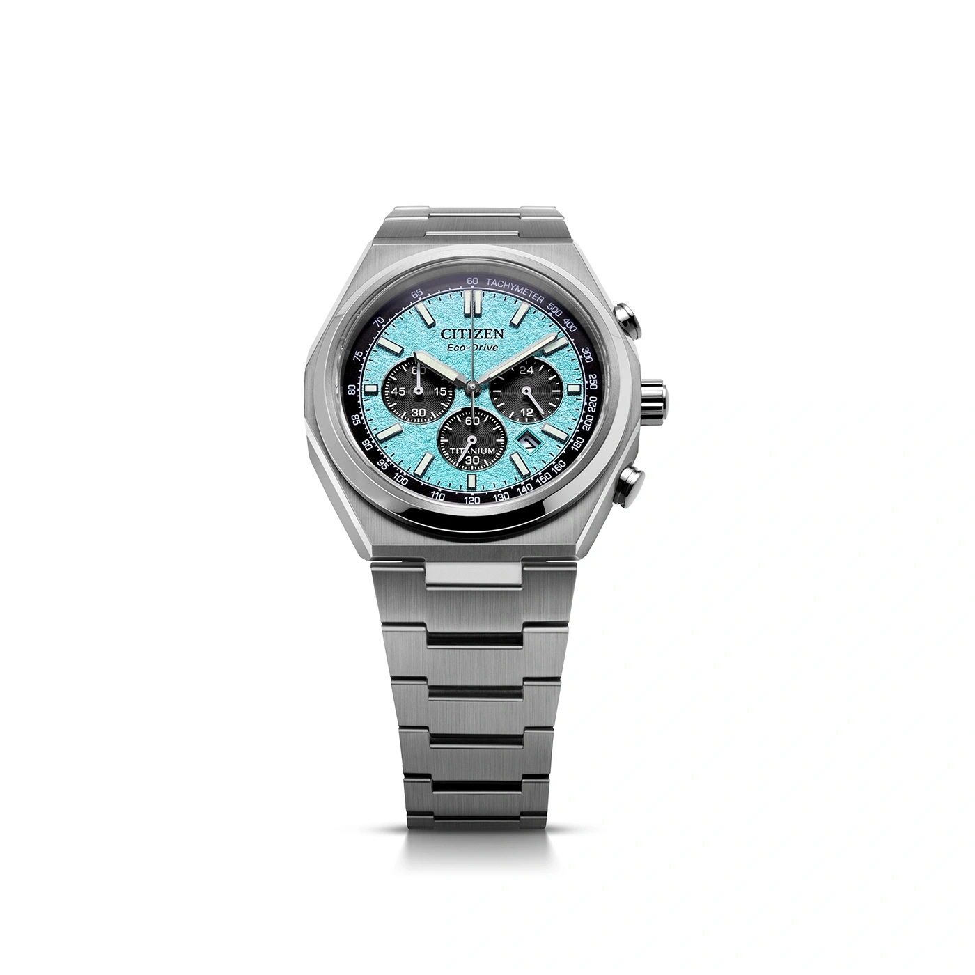 Citizen Eco-Drive Uhr mit blauem Zifferblatt und Titanarmband.