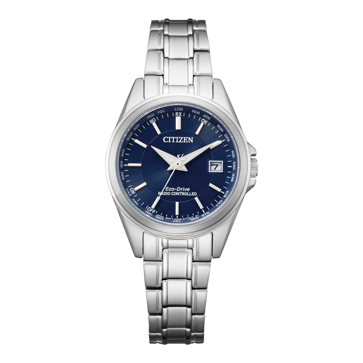 Citizen-Uhr mit blauem Zifferblatt und silbernem Armband, Eco-Drive, funkgesteuert