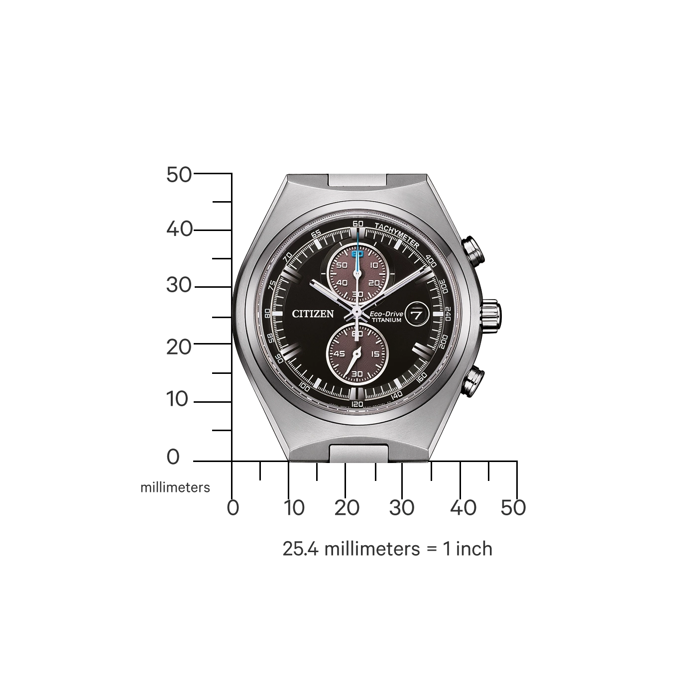 Citizen-Uhr mit schwarzem Zifferblatt, Titan, Eco-Drive und Chronographenfunktionen.