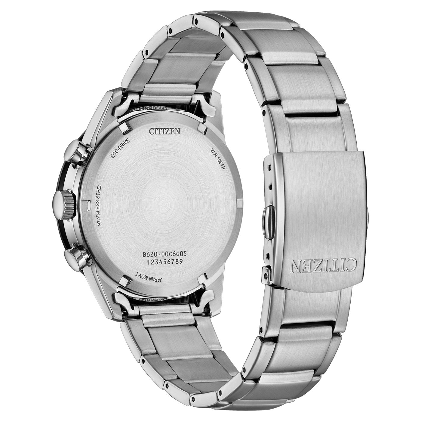 Citizen-Uhrenrückseite, Edelstahl, Eco-Drive, W.R. 10BAR, Japan Movt