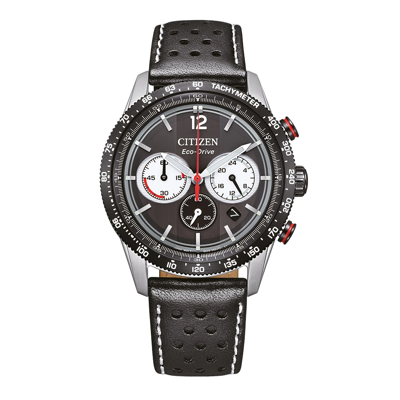 Eine schwarze Citizen Eco-Drive Chronographenuhr mit Lederarmband.
