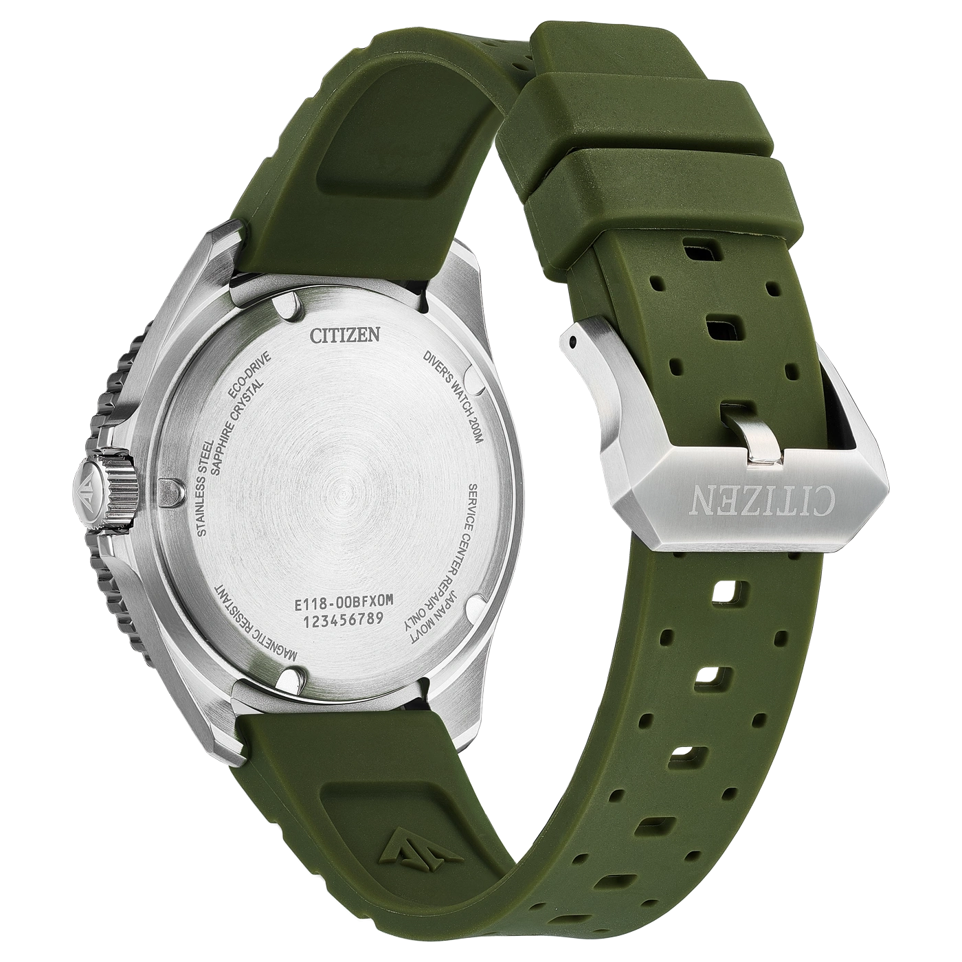 Citizen Eco-Drive Uhr Rückseite mit grünem Kautschukarmband und Schließe.